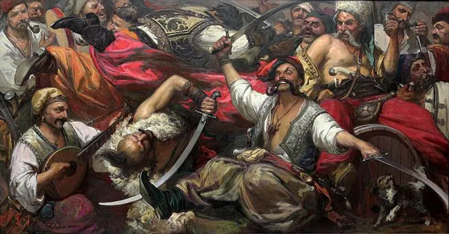 A classical painting of Zaporozhian Kozaks reveling with music and sabres